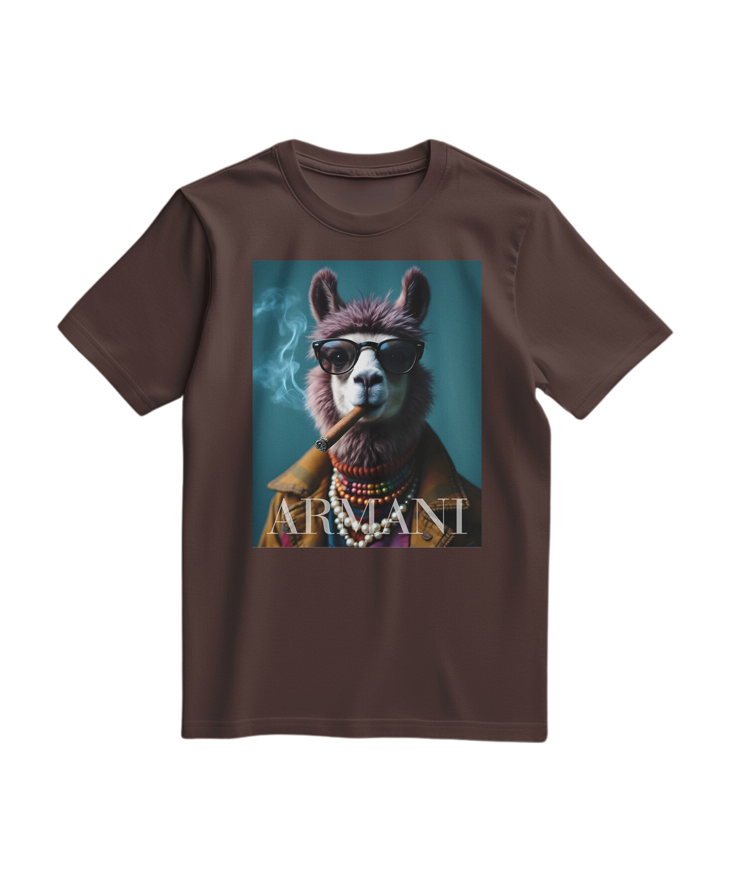 T-shirt castanho com estampa de lama Dapper Llama da Camalestore, tecido confortável e design casual.