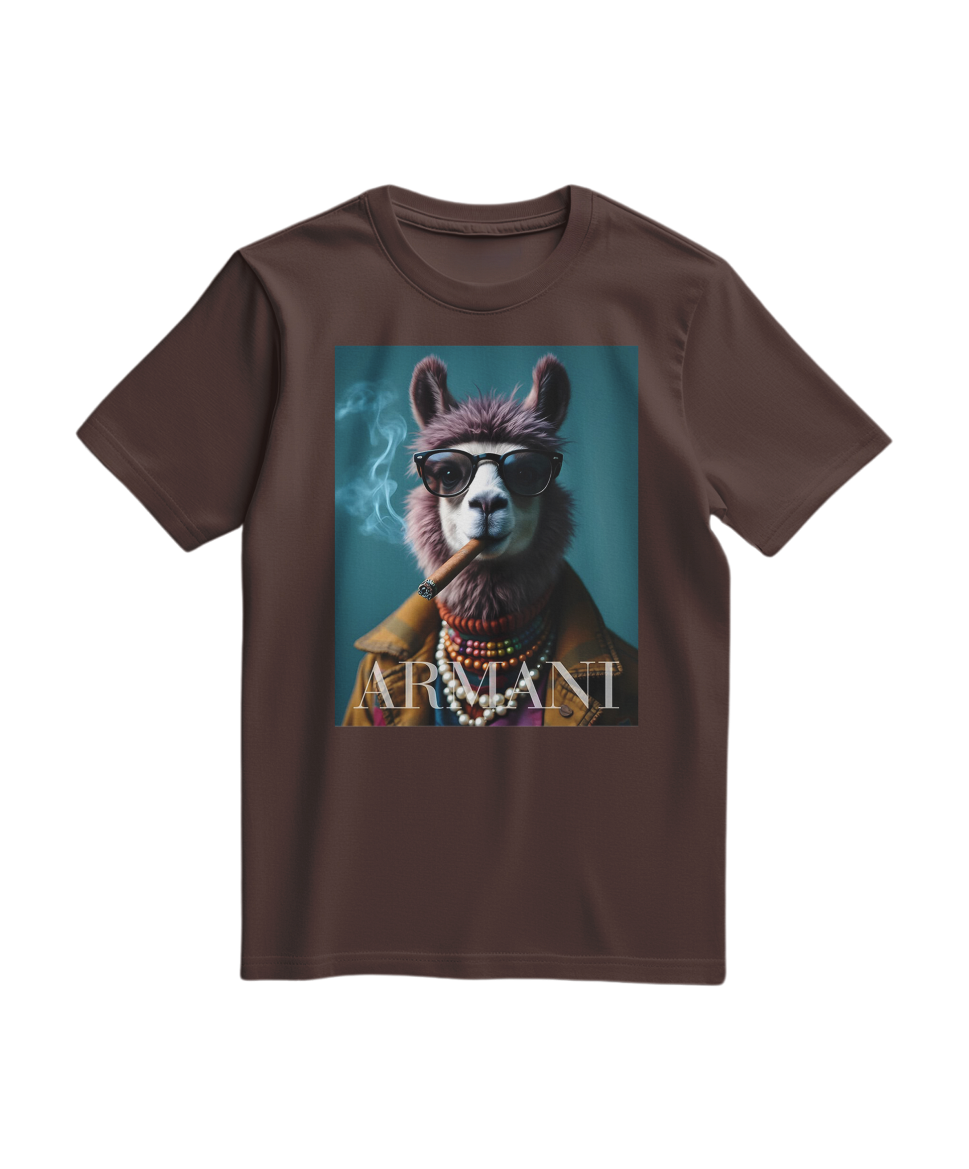 T-shirt castanho com estampa de lama Dapper Llama da Camalestore, tecido confortável e design casual.