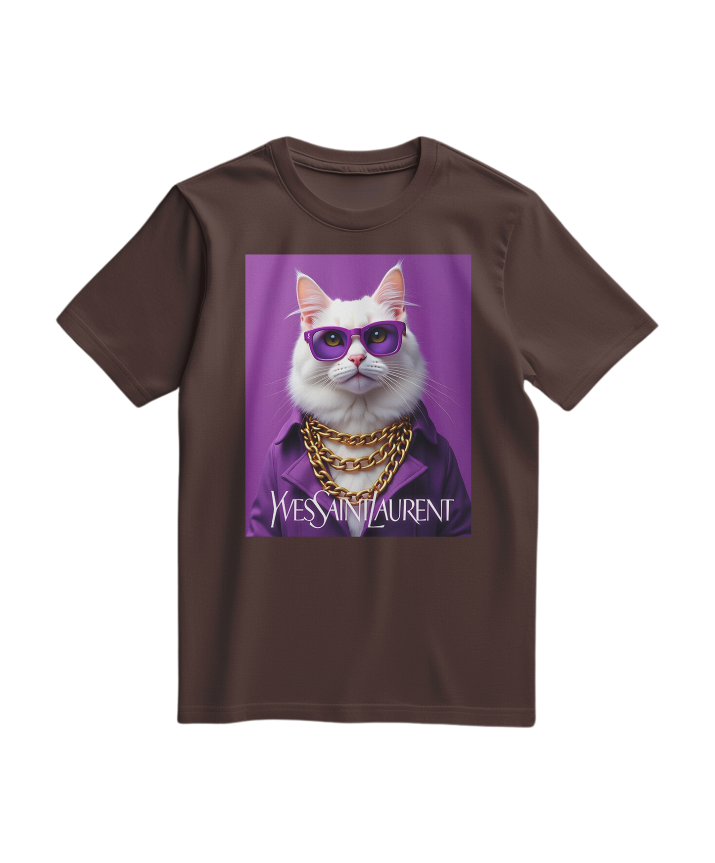 Camiseta Feline Drip da Camalestore em tom castanho, com estampa de felino e detalhes gráficas na frente.