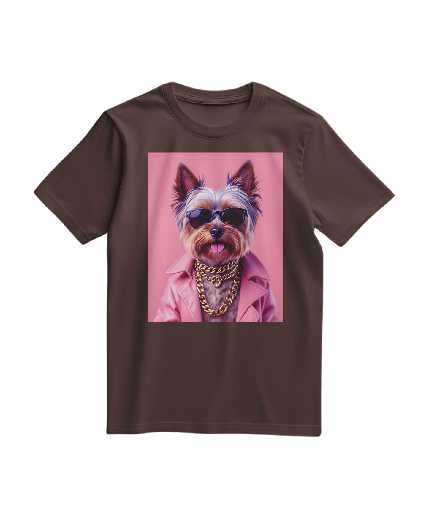 Camiseta marrom Camalestore com estampa de um yorkie e ícones de rua, estilo casual e confortável.
