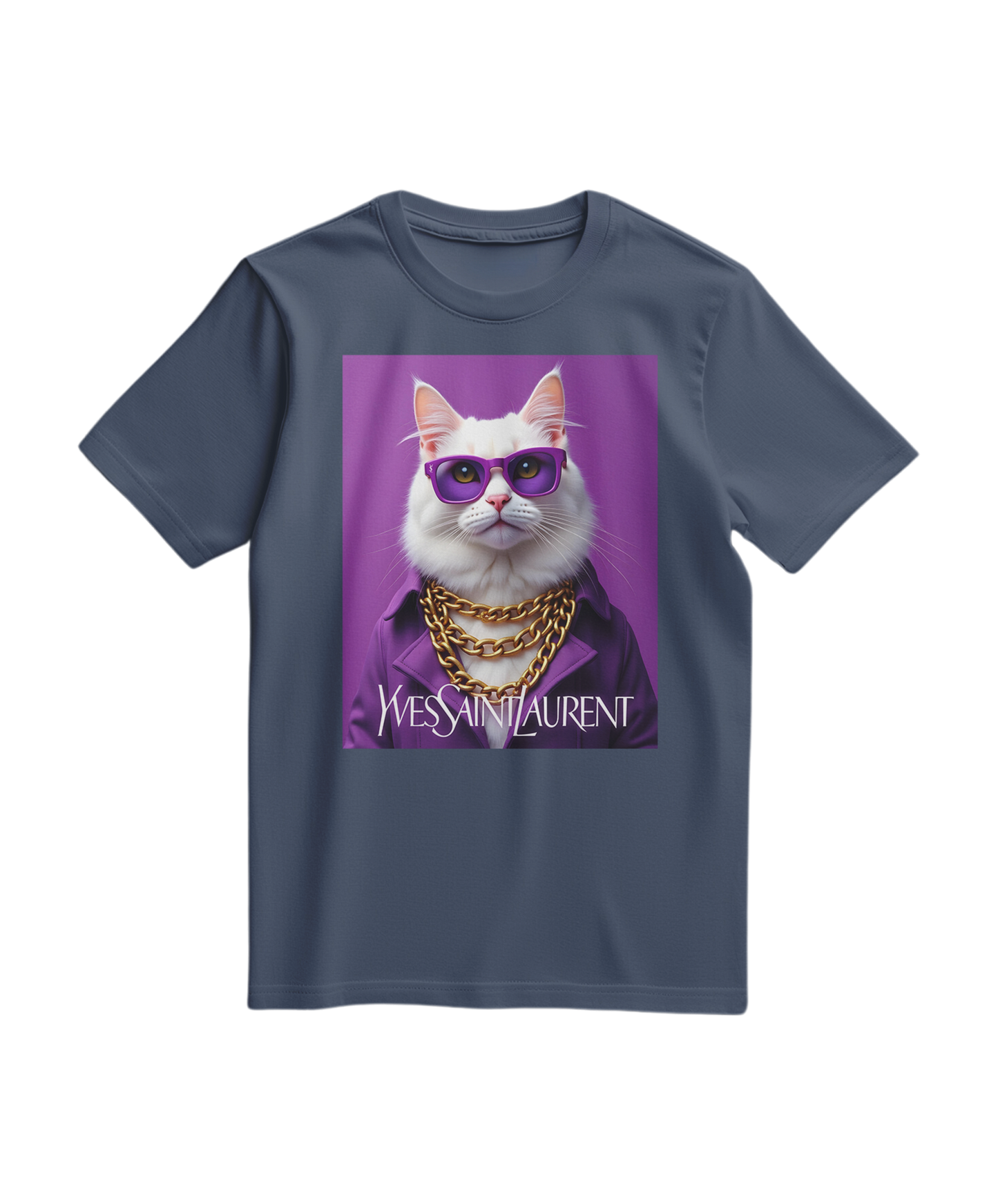 Camiseta azul escura Glamour Cat da Camalestore com estampa de gato elegante na frente.