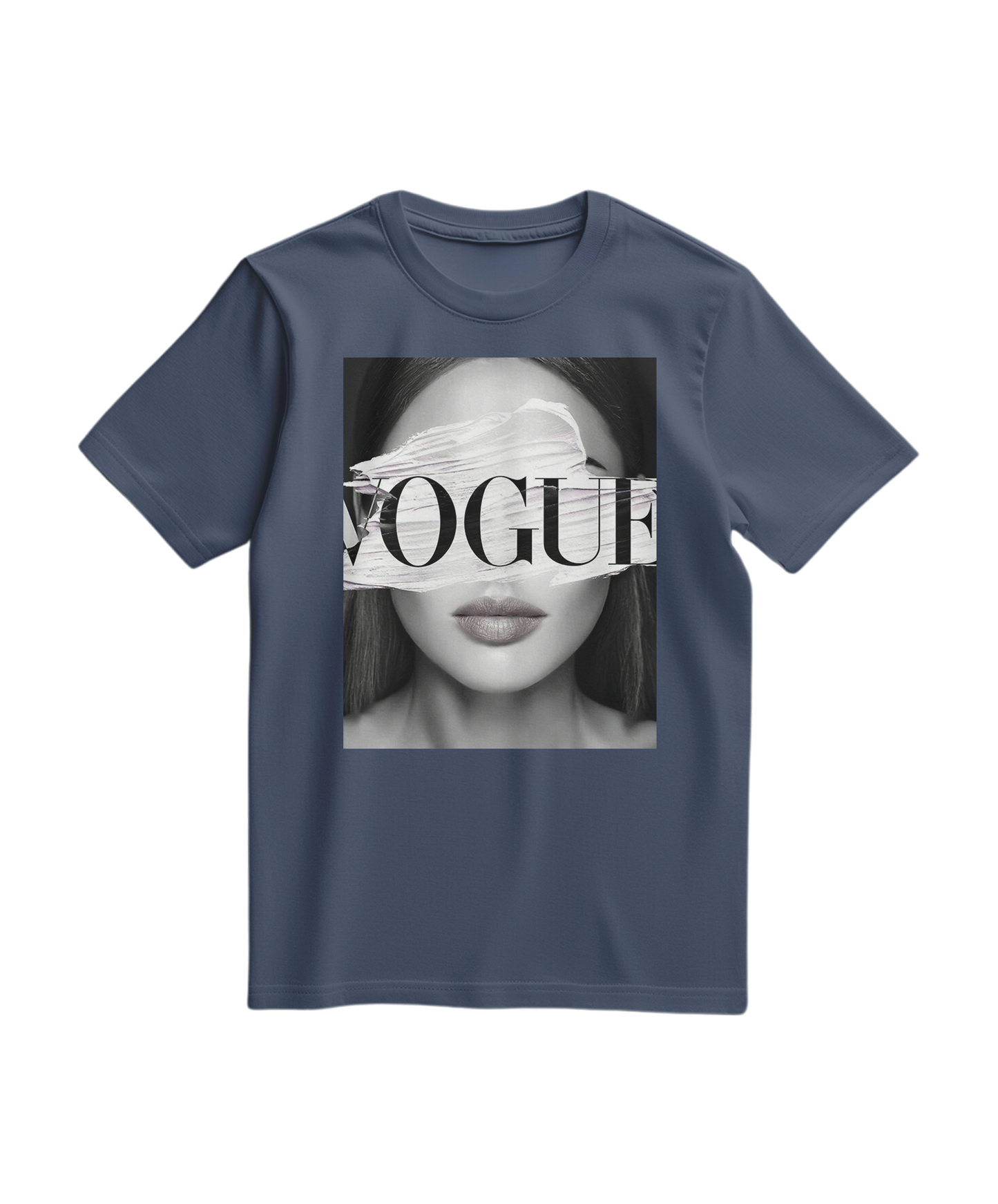 Camalestore camiseta azul marinho com estampa de olhos V, tecido confortável e design moderno para uso casual.