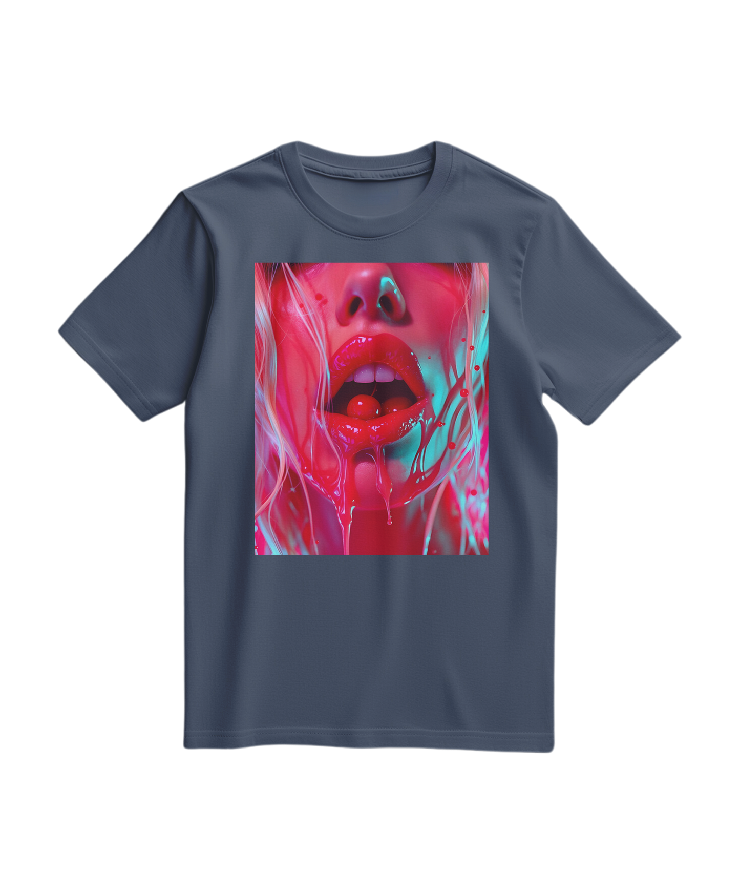 Camiseta Cherry Glaze da Camalestore em azul escuro, com estampa de cereja na frente, tecido de algodão confortável e casual