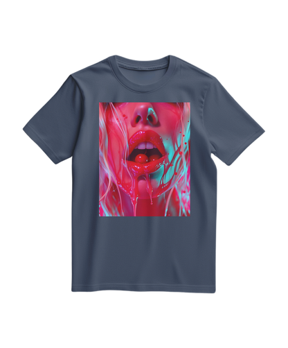 Camiseta Cherry Glaze da Camalestore em azul escuro, com estampa de cereja na frente, tecido de algodão confortável e casual
