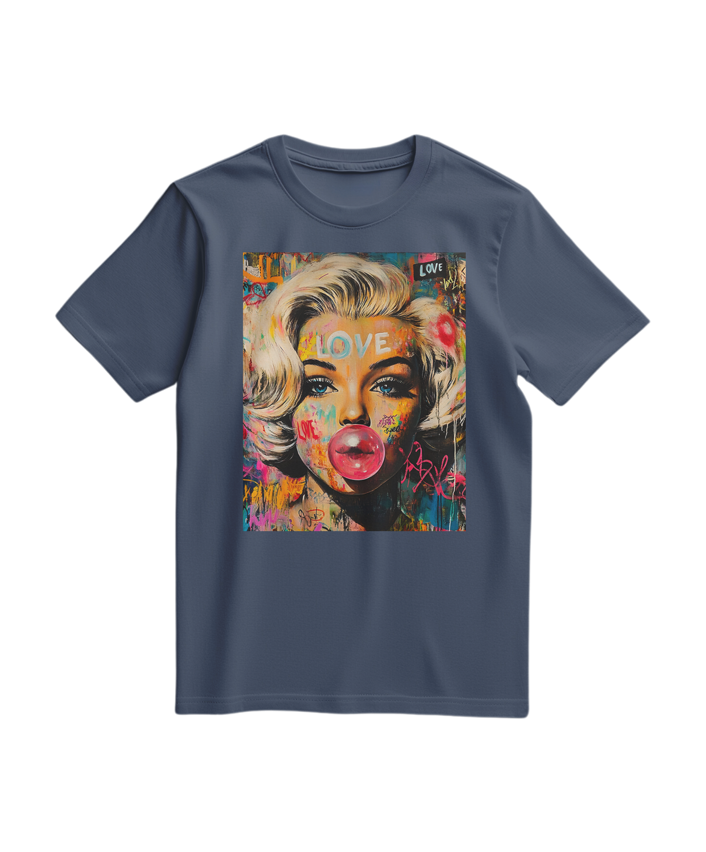 Camiseta Marilyn Pop Rebel da Camalestore em azul escuro, com estampa de arte pop, tecido de algodão confortável.