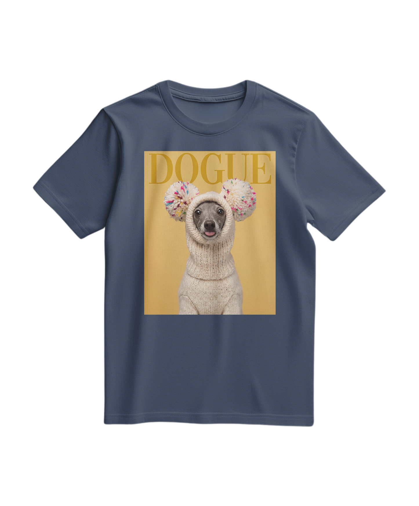 Camiseta azul escura Dogue Balaclava da Camalestore, com estampa de cachorro e design casual, vista em close na imagem.