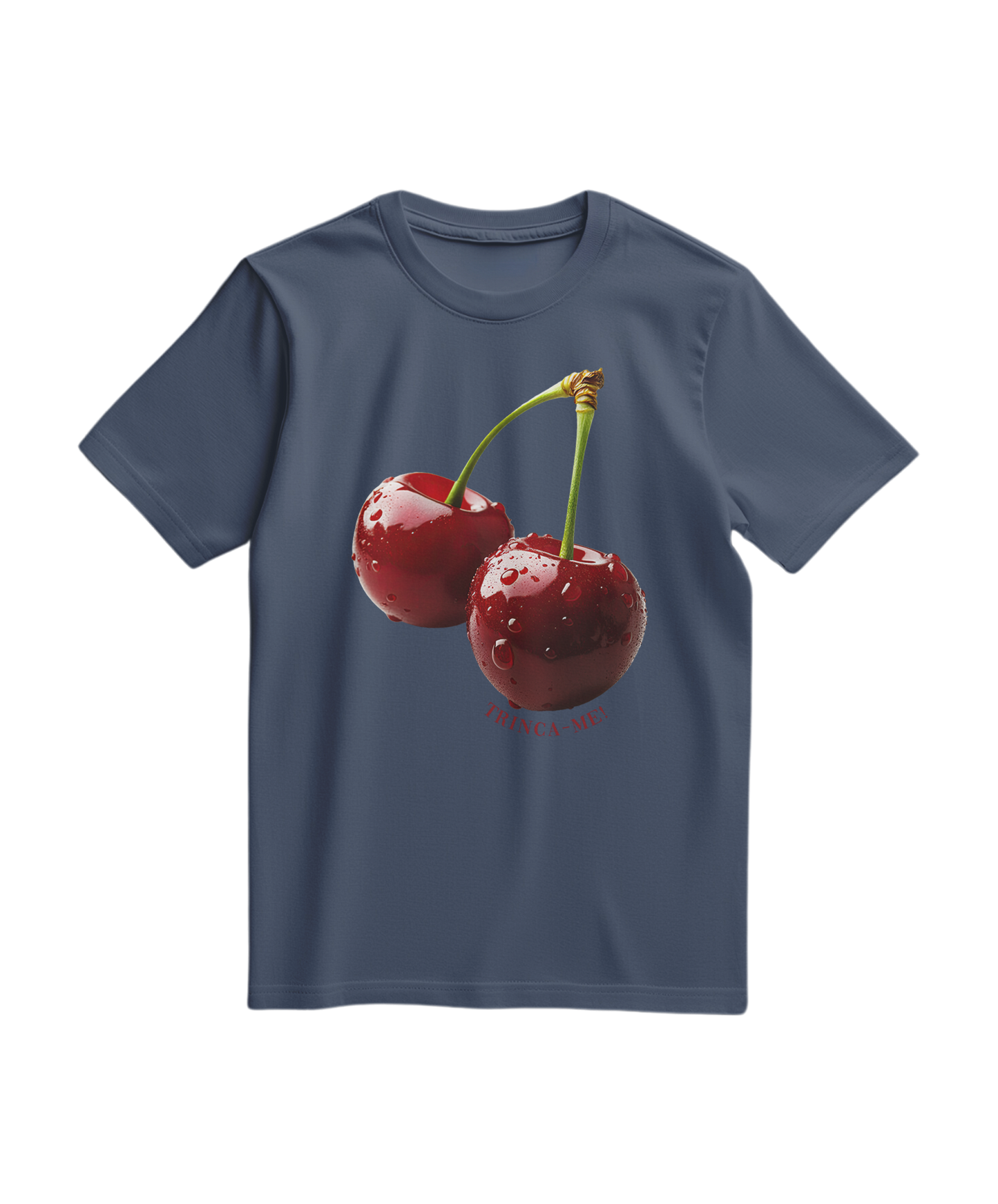 Camiseta azul escura "Cherry Bite Me" da Camalestore com estampa de cereja mordida, tecido confortável e estilo casual.