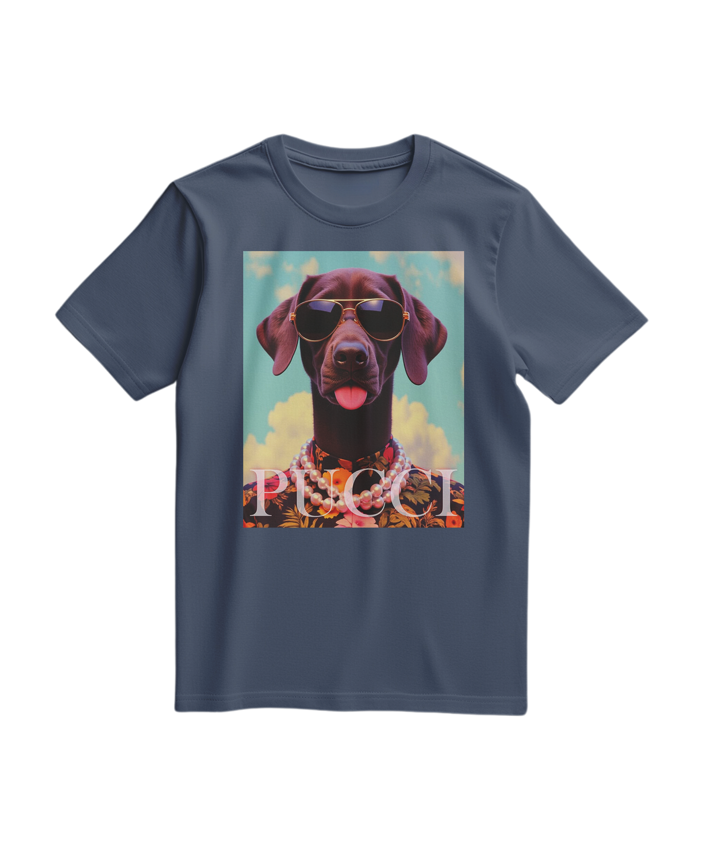 T-shirt tropical Pooch da Camalestore em azul profundo, com estampa colorida de cães e padrão tropical.