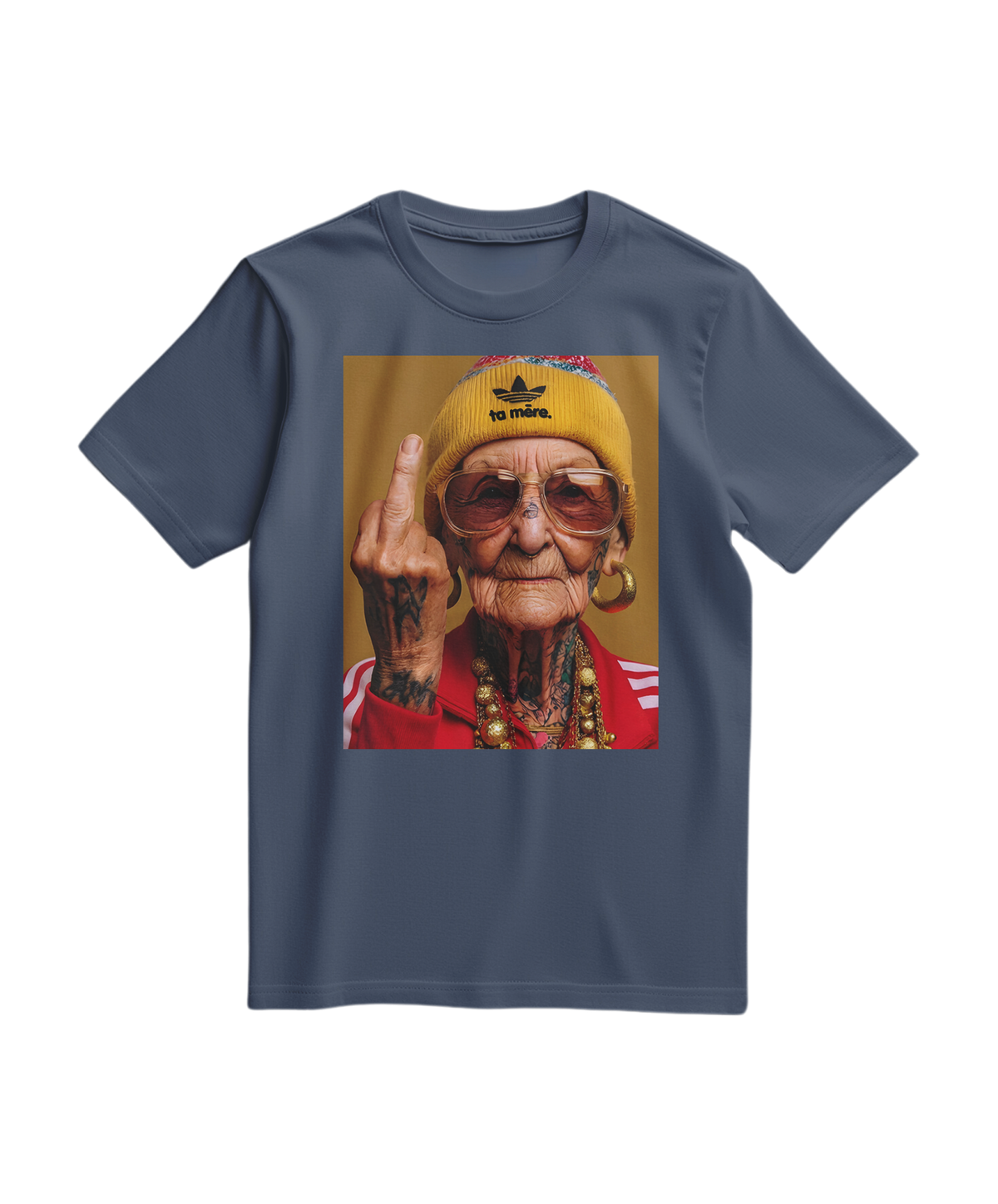 Camiseta azul escura Ta Mère da marca Camalestore, de tecido confortável, vista frontal em detalhe.