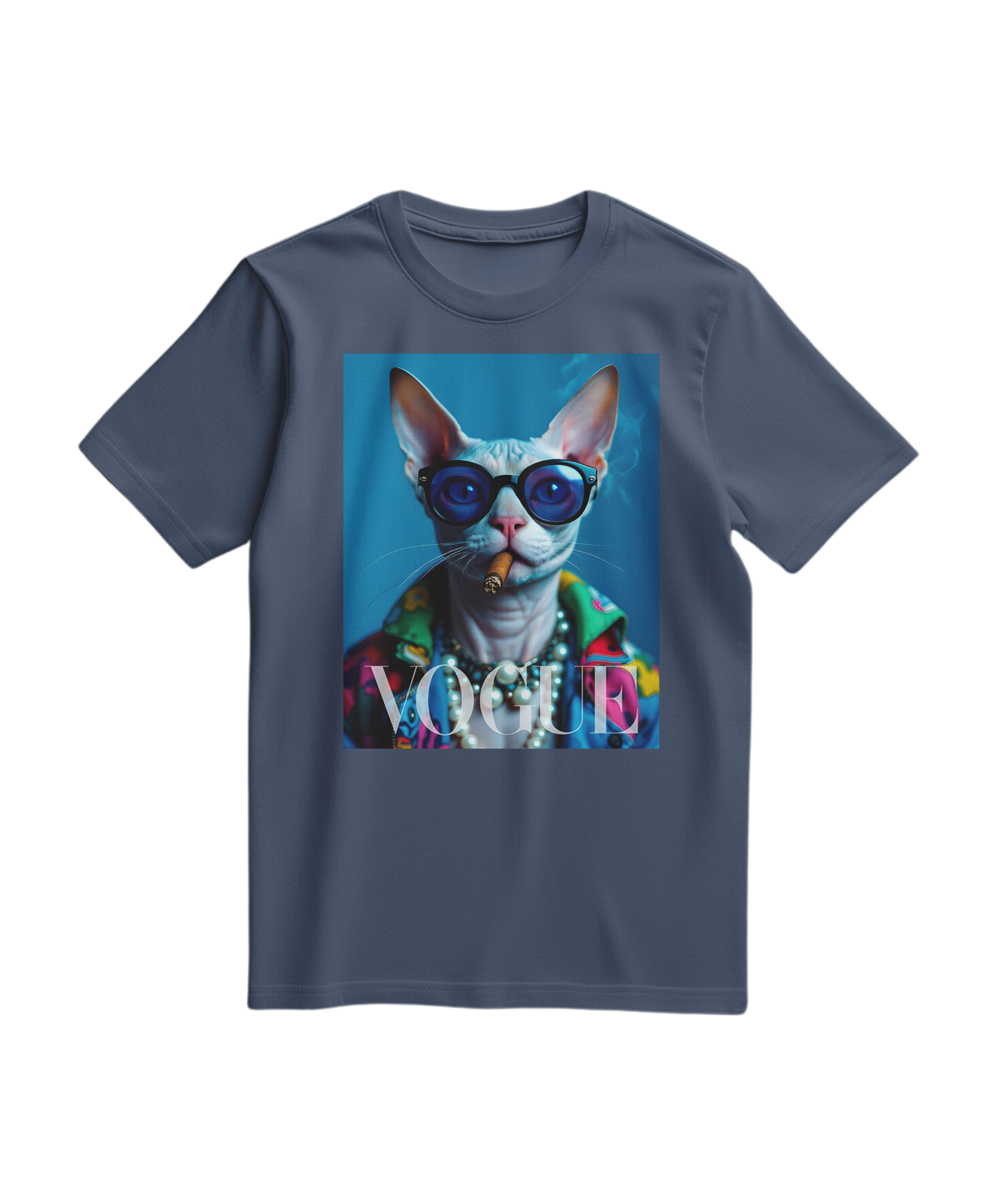 Camiseta Neo-Sphynx Studio azul escuro, camiseta casual de algodão com estampa moderna, para looks descontraídos.