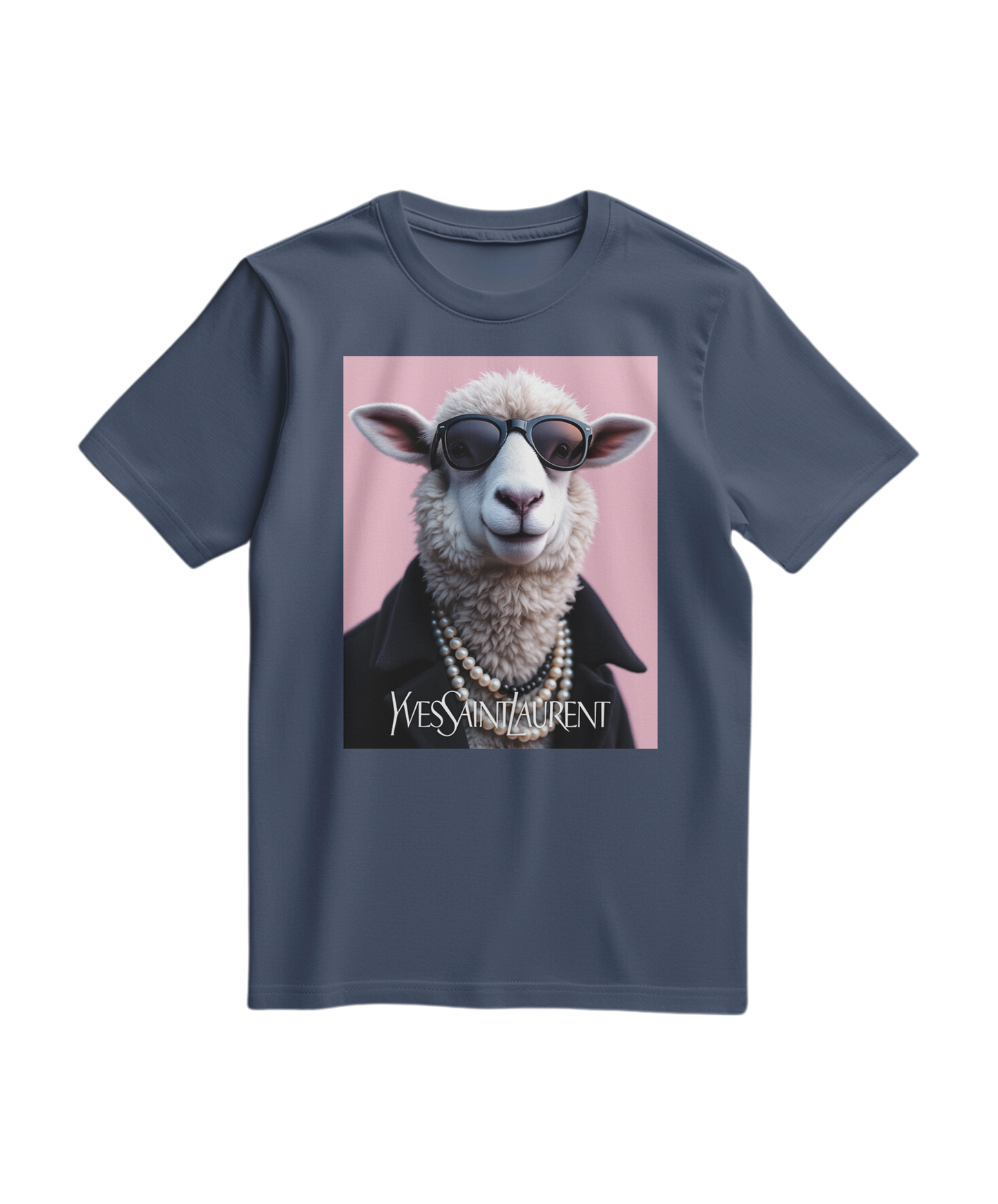 Camalestore camiseta azul escuro com ícone de ovelha de pérola na frente, estilo casual e confortável.