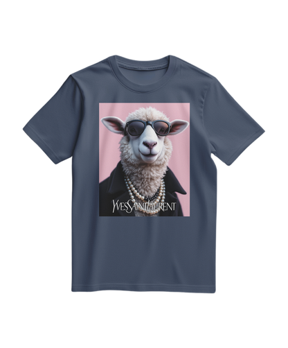 Camalestore camiseta azul escuro com ícone de ovelha de pérola na frente, estilo casual e confortável.