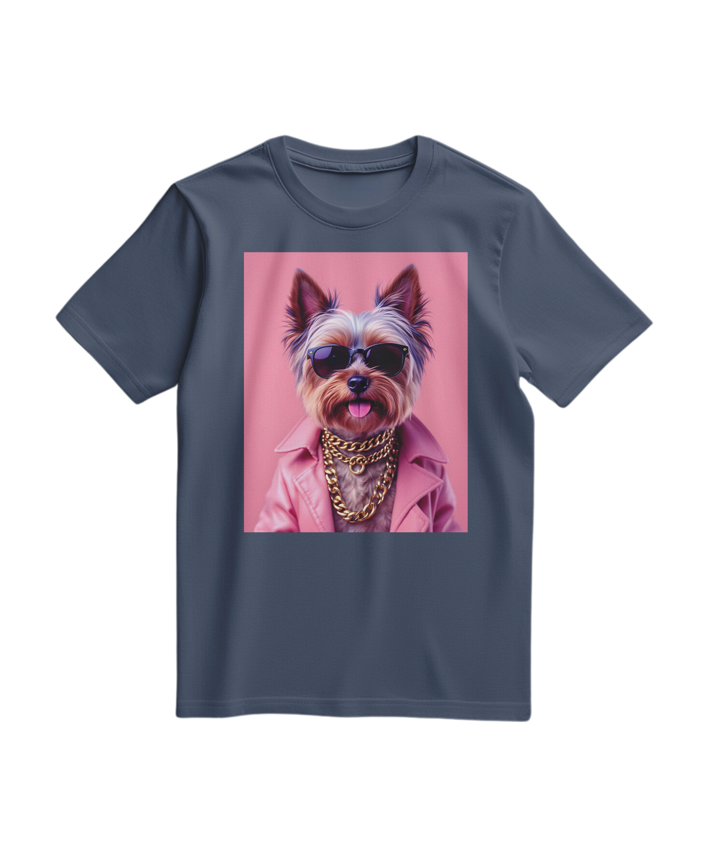 Camiseta azul escura Camalestore com estampa de um Yorkie e ícones de rua, estilo casual e moderno.