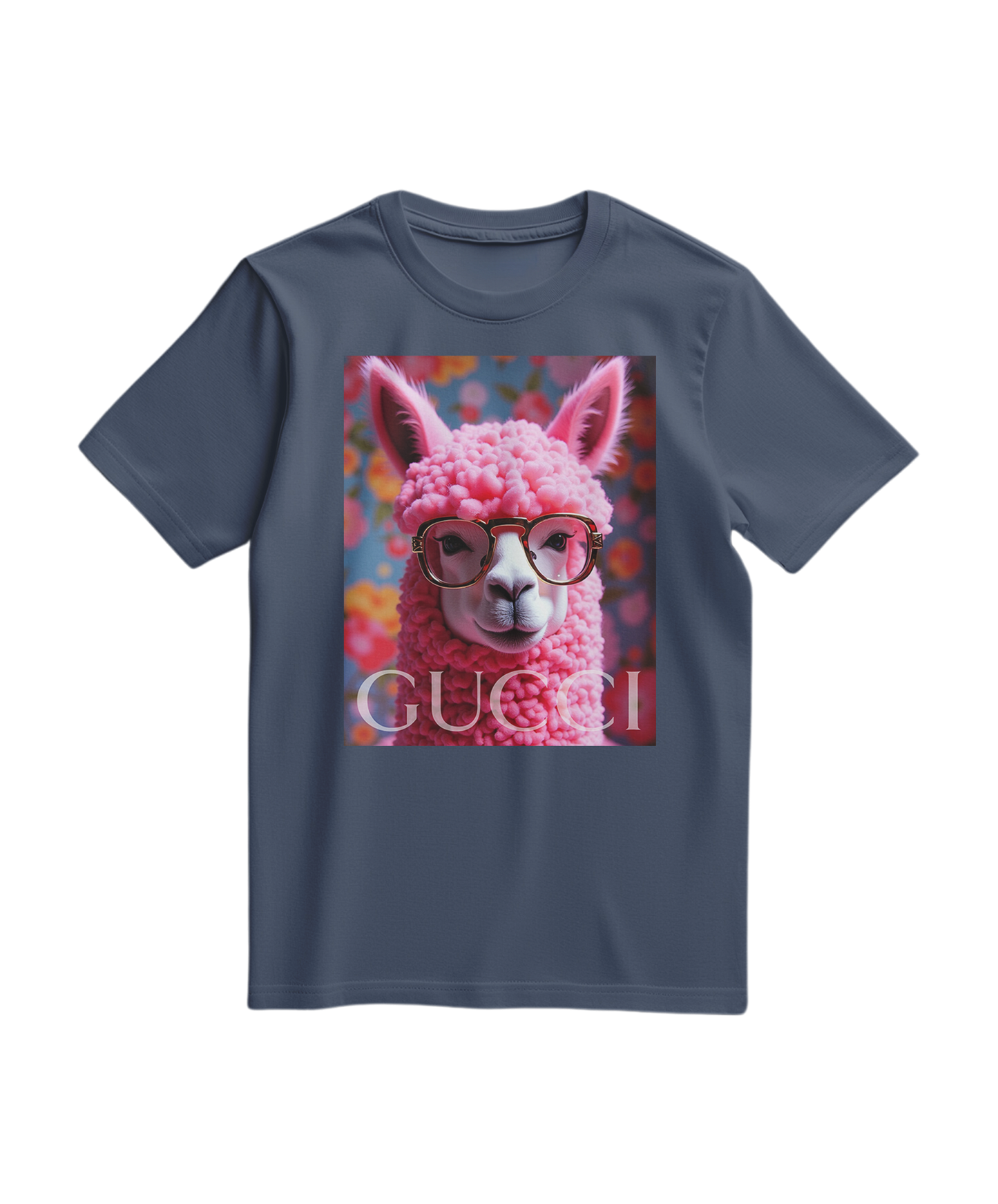 Camiseta azul escura Camalestore com ícone de alpaca preto e branco, modelo com gola redonda e mangas curtas.