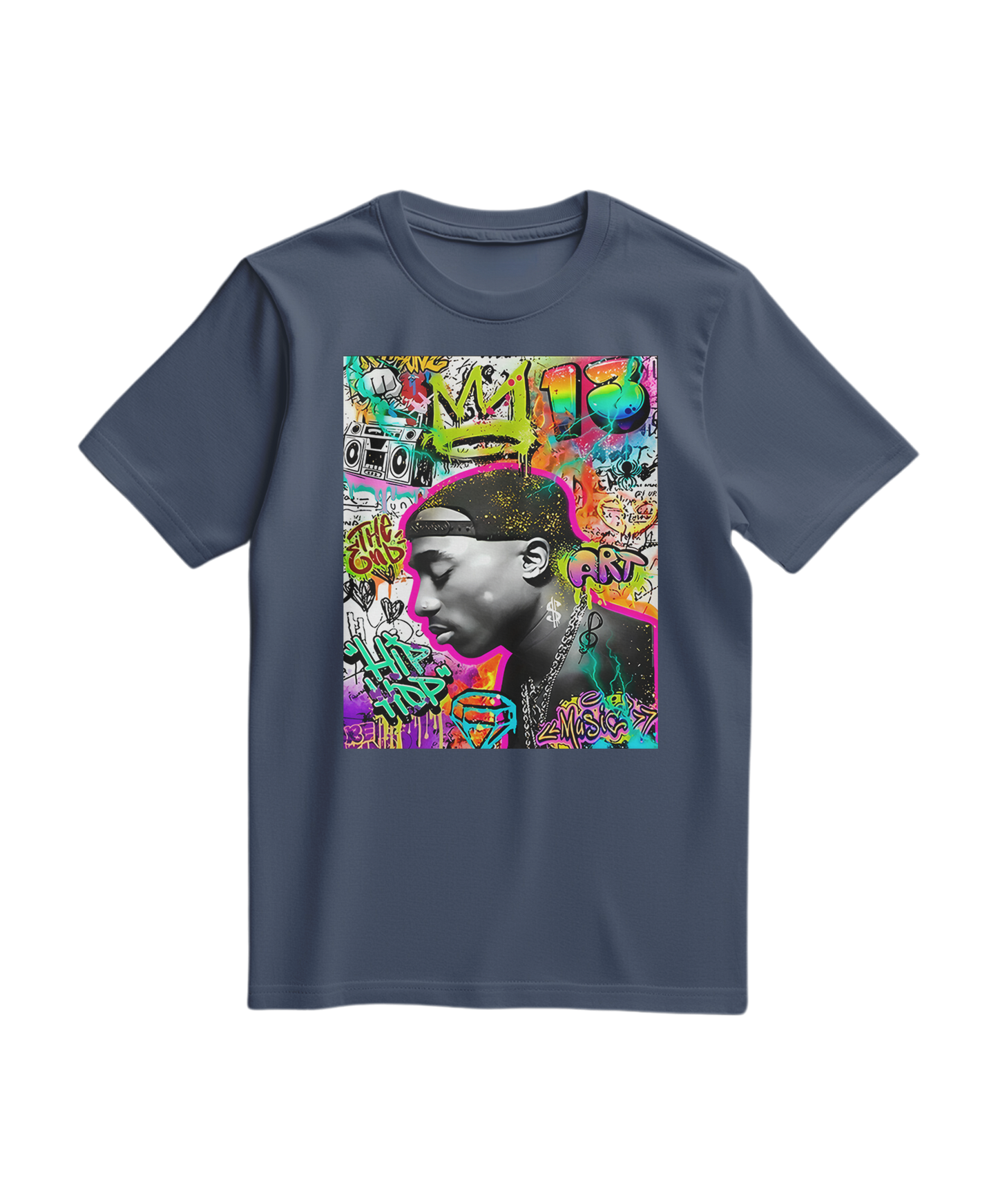 Camalestore camiseta azul escura com estampa de graffiti de uma coroa, estilo casual e moderno para looks urbanos.