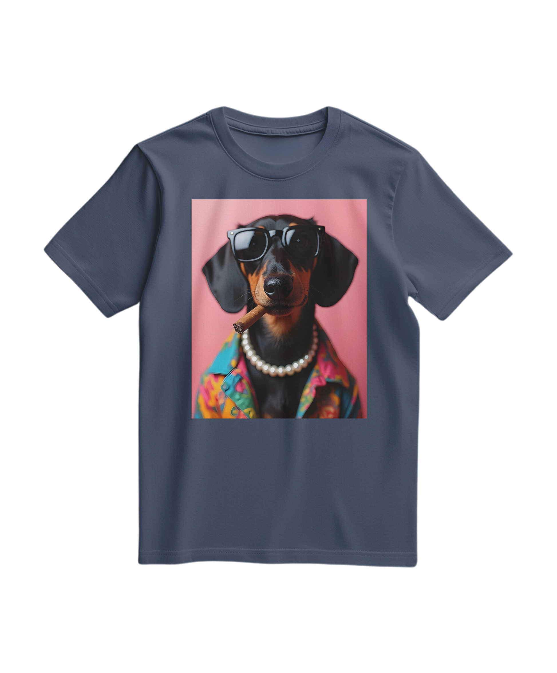 Camiseta azul escura com estampa de dachshund fumando, feita pela Camalestore, em estilo casual e confortável.