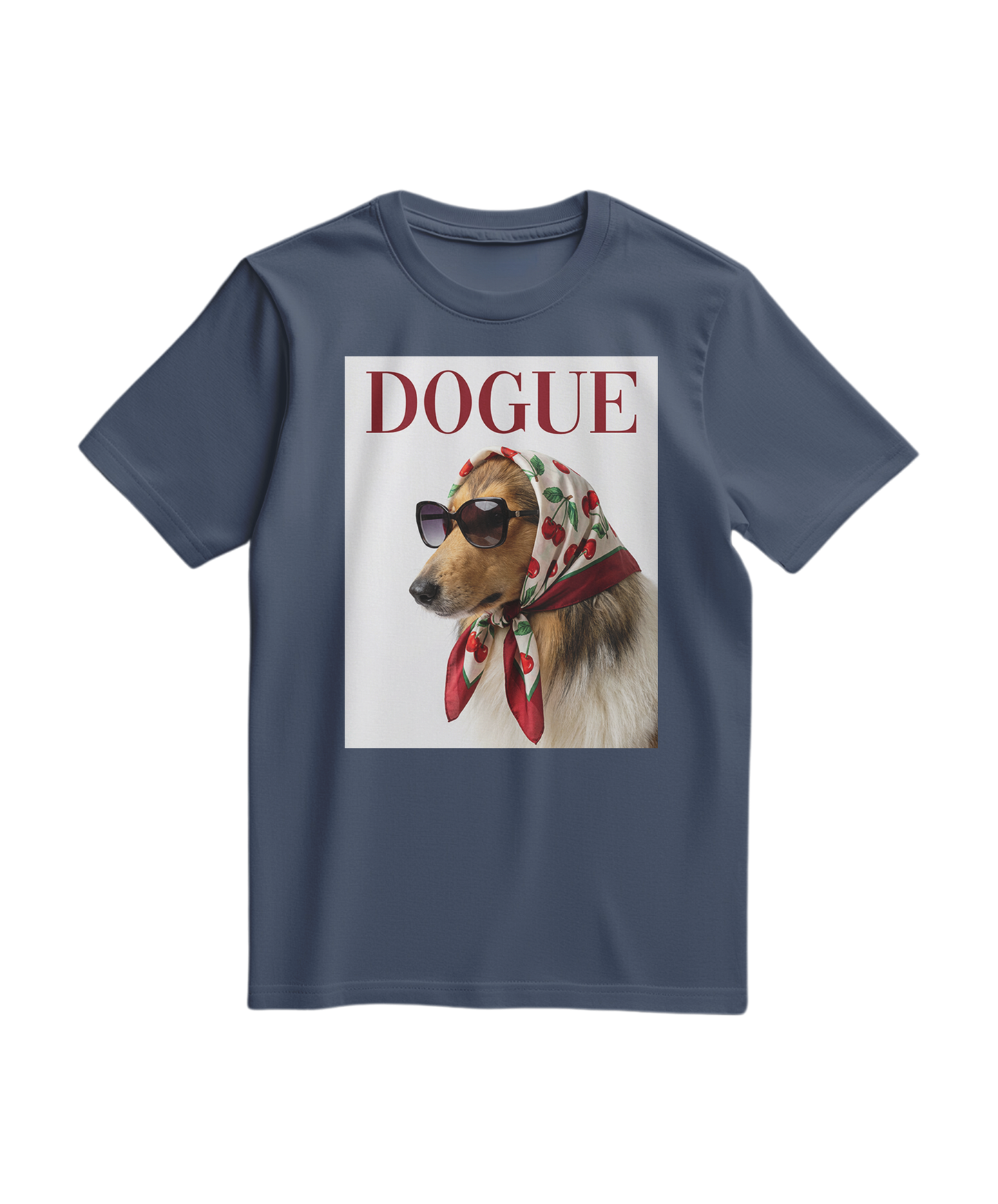 T-shirt vintage Dogue Muse azul escuro com estampa de cachorro, por Camalestore, tecido confortável para looks casuais.