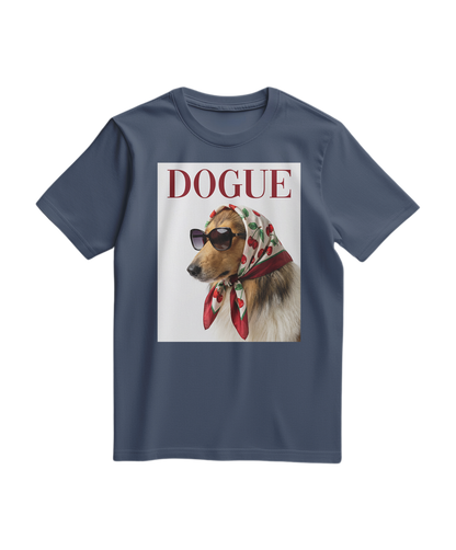 T-shirt vintage Dogue Muse azul escuro com estampa de cachorro, por Camalestore, tecido confortável para looks casuais.