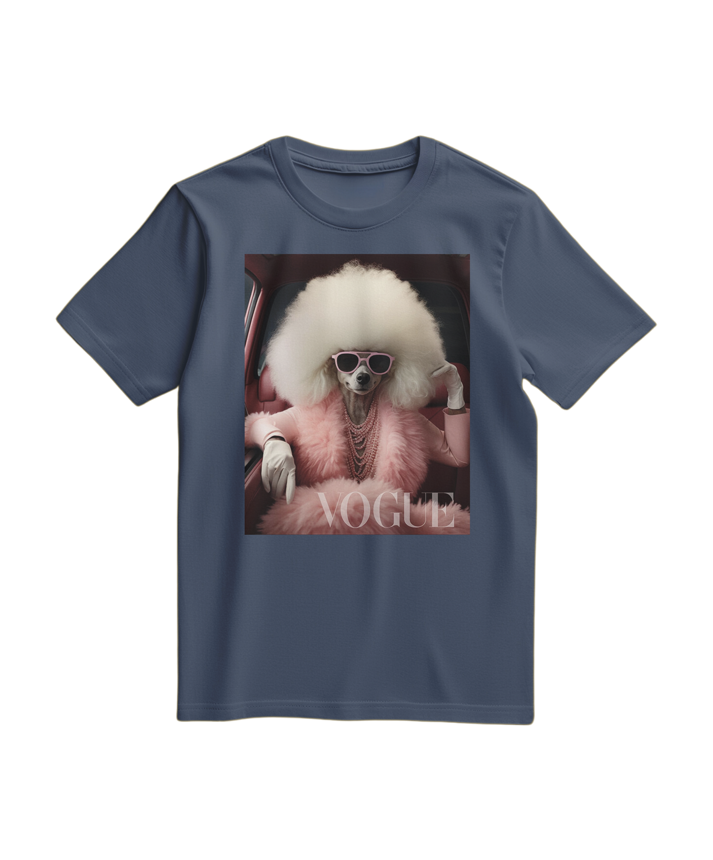 Camiseta azul escuro com estampa de poodle glam da Camalestore, tecido confortável e estilo moderno.