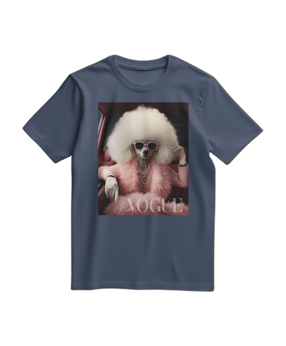 Camiseta azul escuro com estampa de poodle glam da Camalestore, tecido confortável e estilo moderno.
