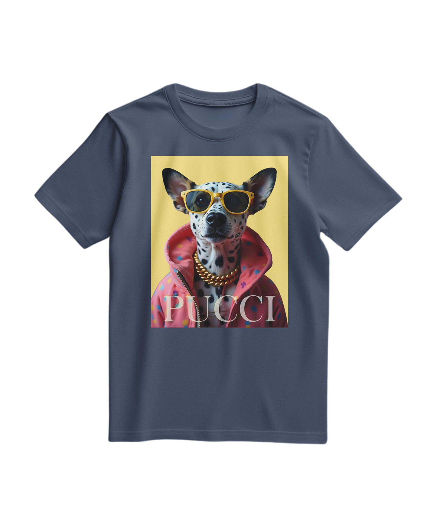 T-shirt azul escuro com estampa de dálmata, produto da marca Camalestore, vista frontal.