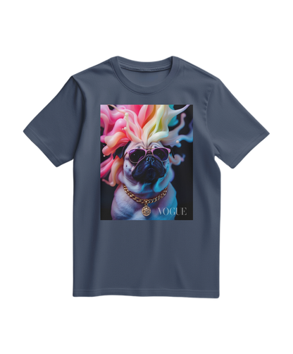 Camiseta azul escura Pug Chromatic Elite da Camalestore, com estampa de pug colorida e detalhes modernos.