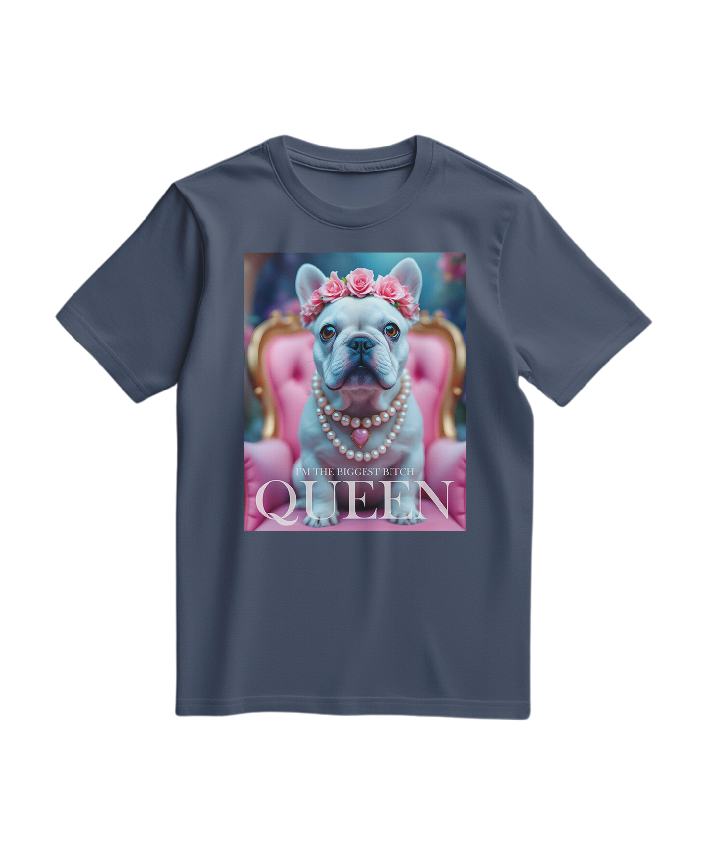 Camiseta Frenchie Queen da Camalestore, camiseta azul escura com estampa de um cão French Bulldog com coroa, visual frontal.