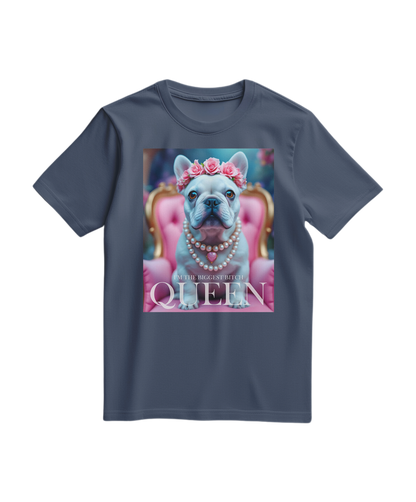 Camiseta Frenchie Queen da Camalestore, camiseta azul escura com estampa de um cão French Bulldog com coroa, visual frontal.