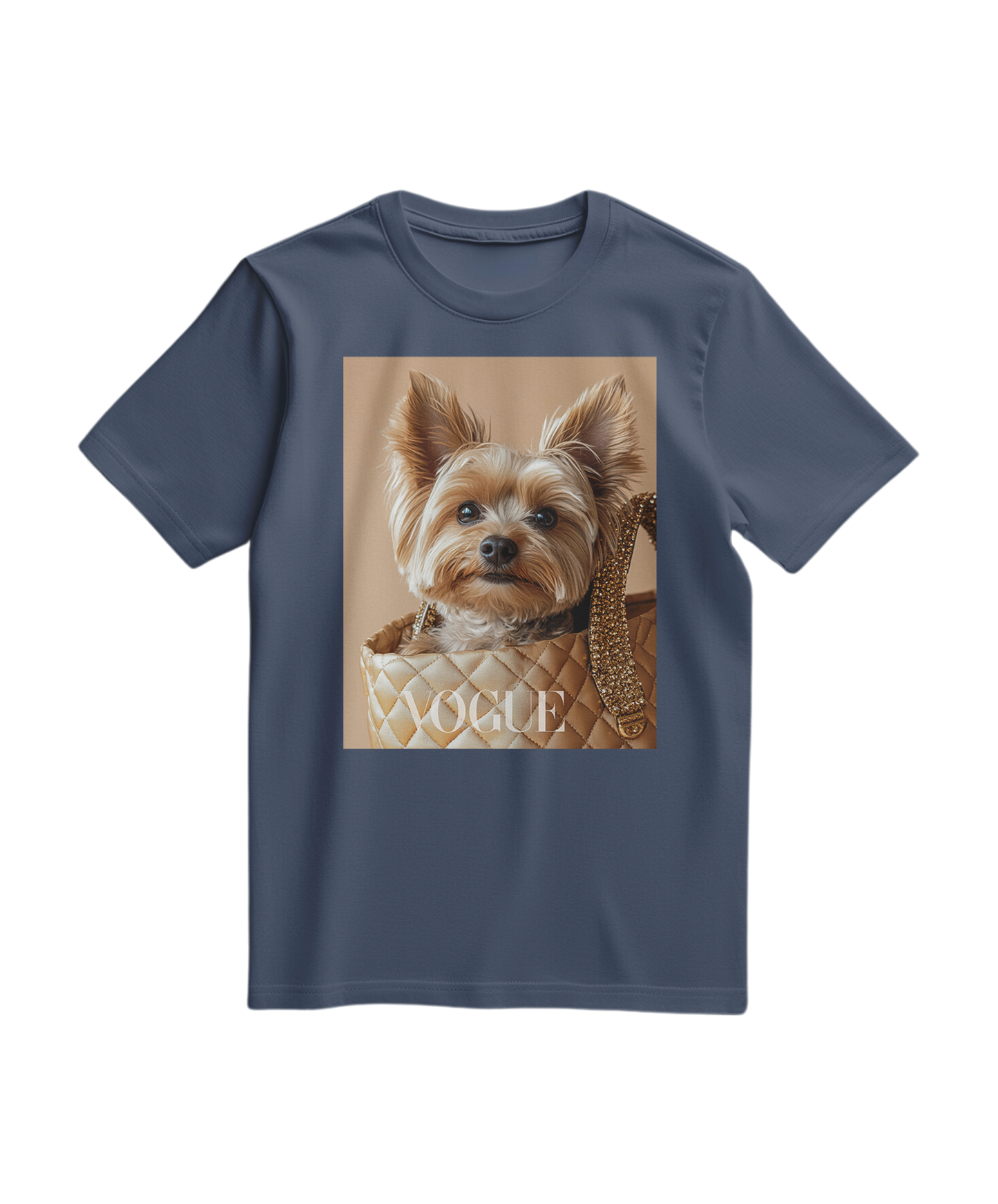 Camiseta azul escura Yorkie Muse da Camalestore, tecido confortável, com estampa de um cão Yorkie na frente.