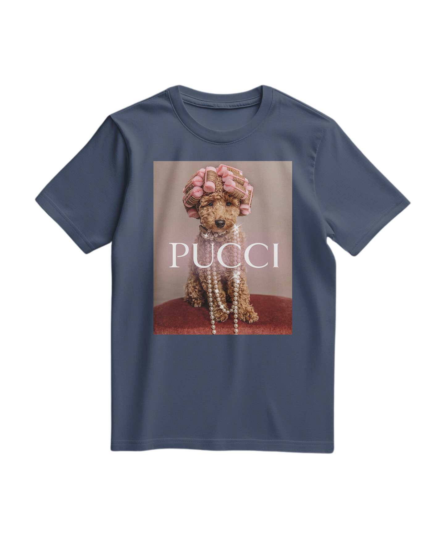 Camiseta azul escura Poo Glam da Camalestore, t-shirt de manga curta com estampa divertida e estilo casual.