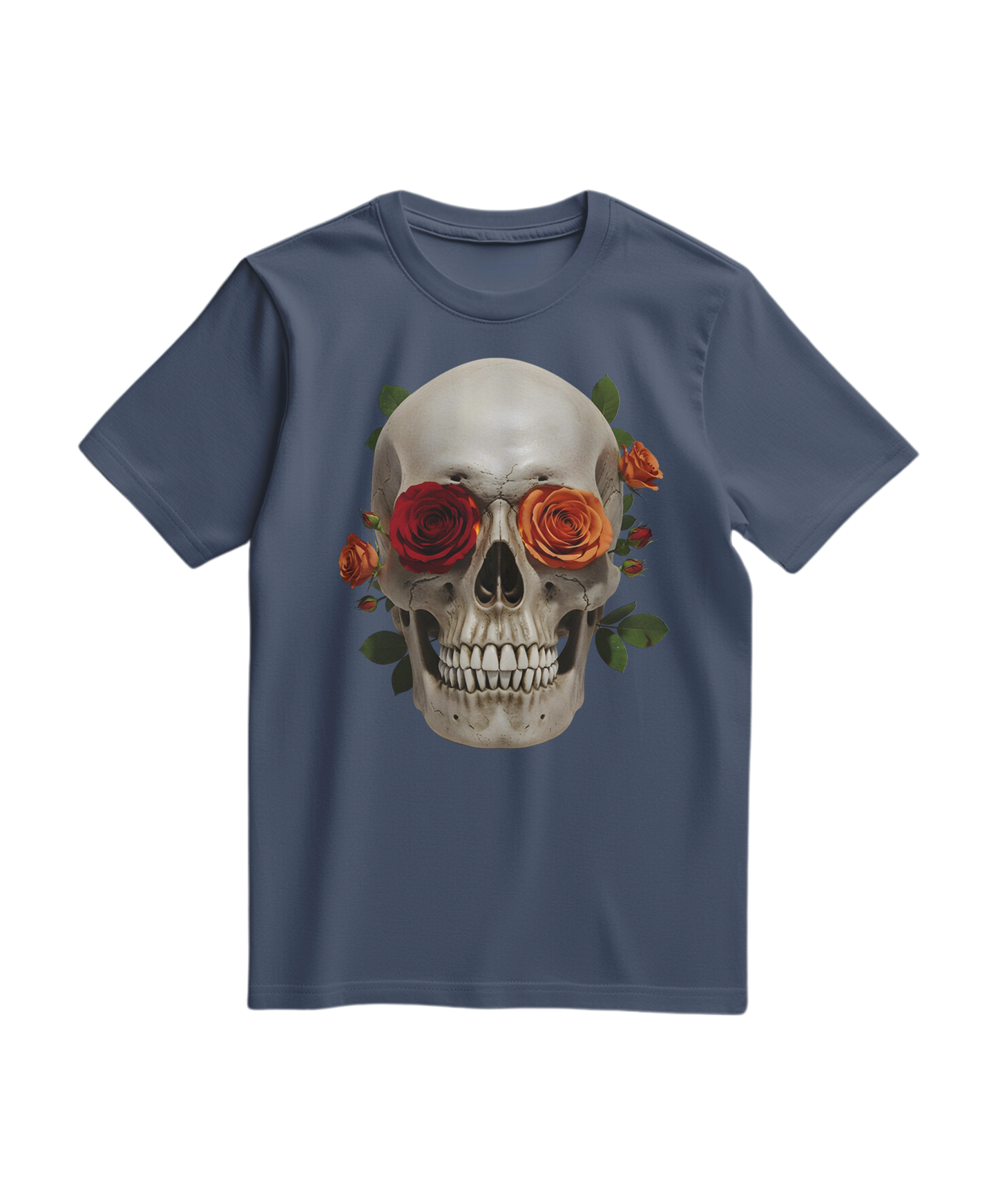 Camalestore camiseta azul escura com estampa de caveira e rosa, estilo casual e moderno, vista frontal na imagem
