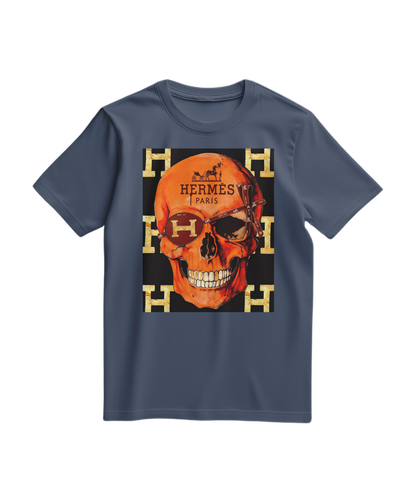 Camalestore camiseta azul escura com estampa de caveira icônica, estilo casual e confortável para o dia a dia.