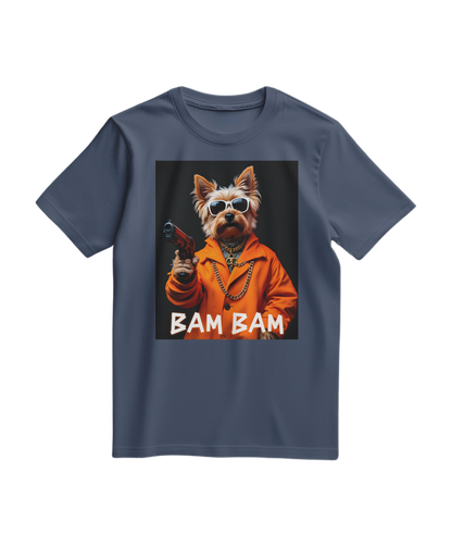 Camalestore camiseta azul escura Bam Bam Gangster com estampa frontal, tecido de algodão confortável e design casual.