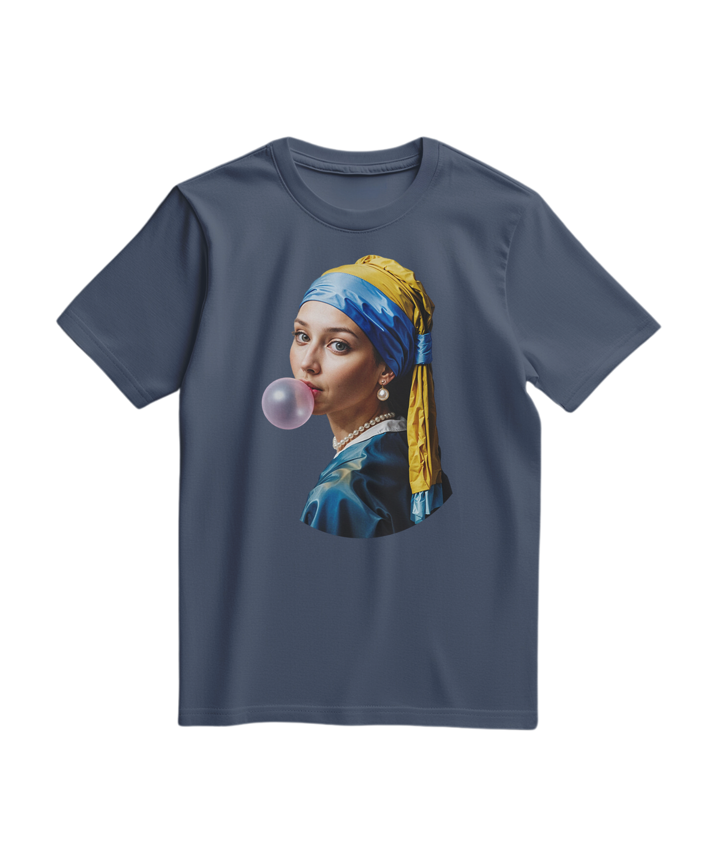 Camalestore camiseta Pearl Bubble azul escura de manga curta, com detalhes em pérolas na parte frontal.