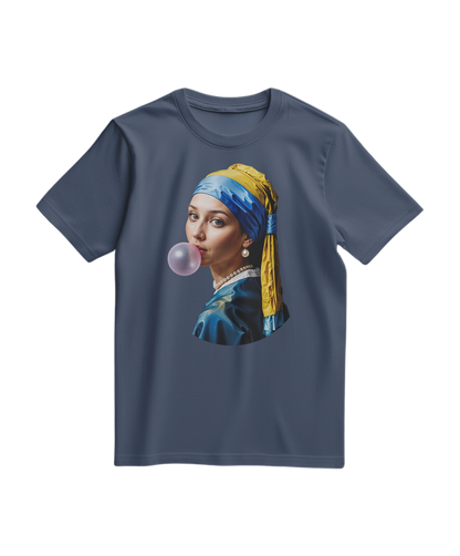 Camalestore camiseta Pearl Bubble azul escura de manga curta, com detalhes em pérolas na parte frontal.