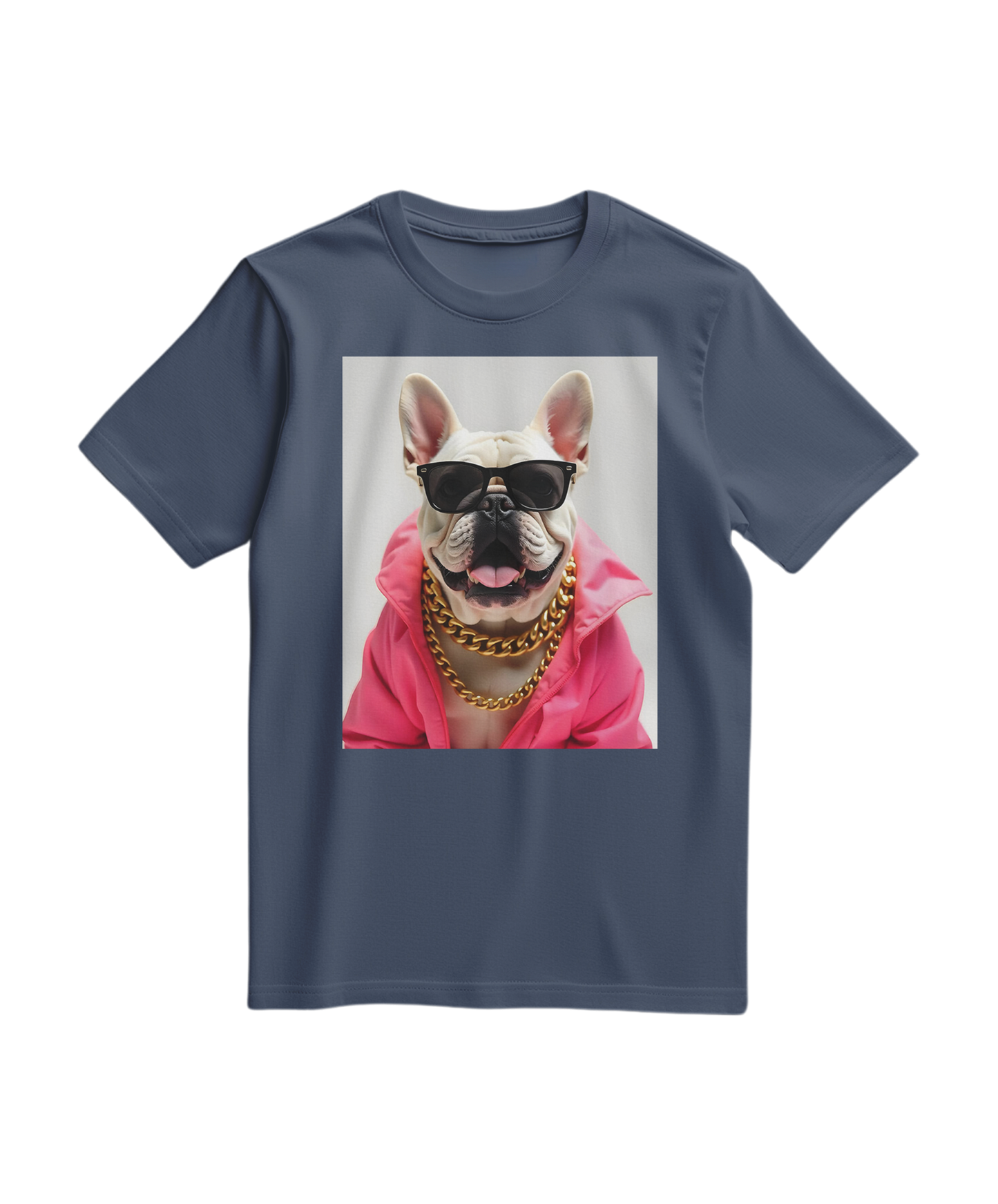 Camiseta Bulldog Azure Pop da Camalestore, t-shirt azul escura com estampa de Bulldog, vista frontal em fundo neutro