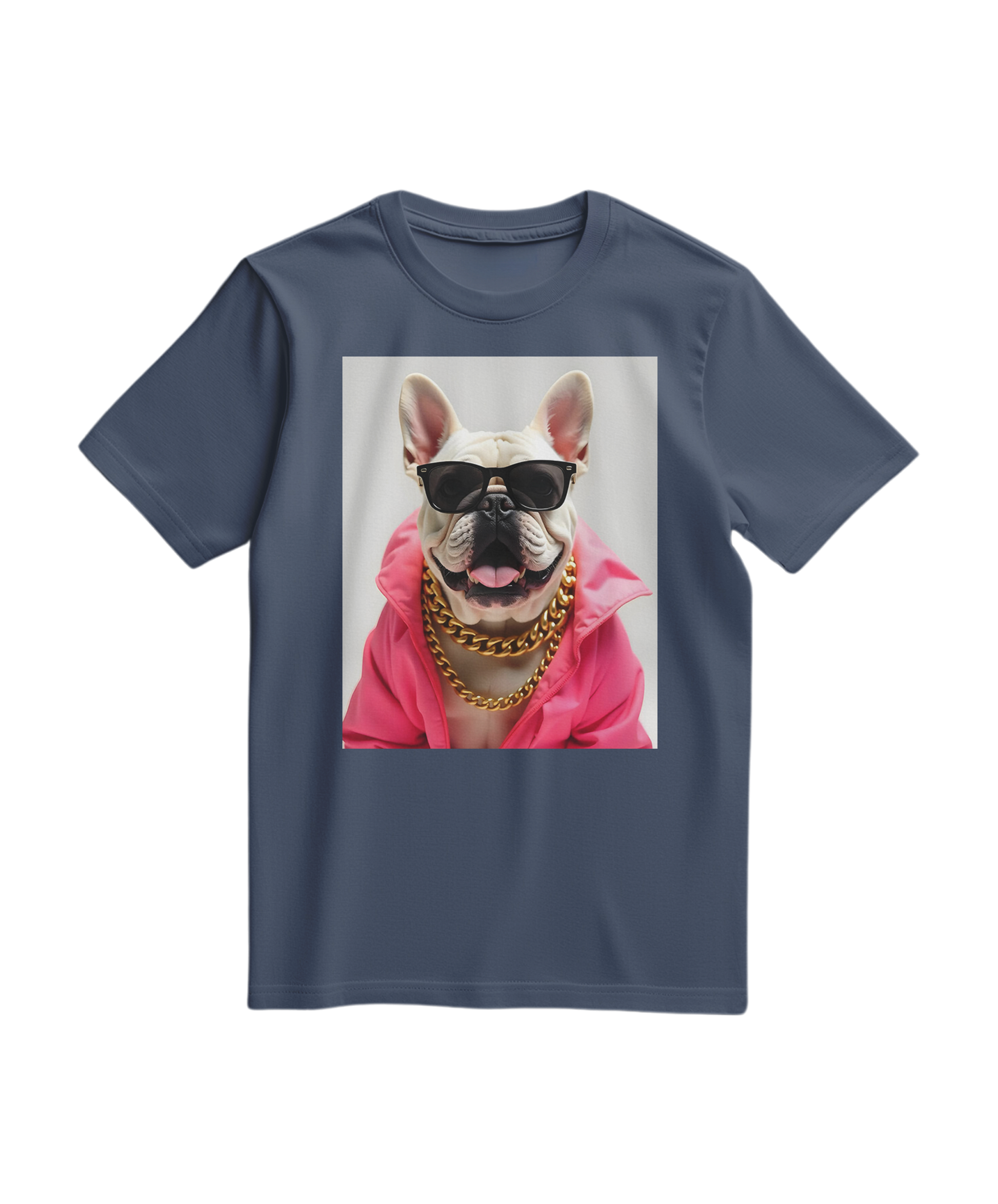 Camiseta Bulldog Azure Pop da Camalestore, t-shirt azul escura com estampa de Bulldog, vista frontal em fundo neutro