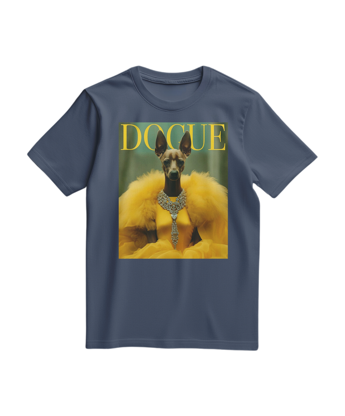 Camiseta azul escura Dogue Majestic da Camalestore, t-shirt confortável com estampa de cachorro Dogue em fundo azul.