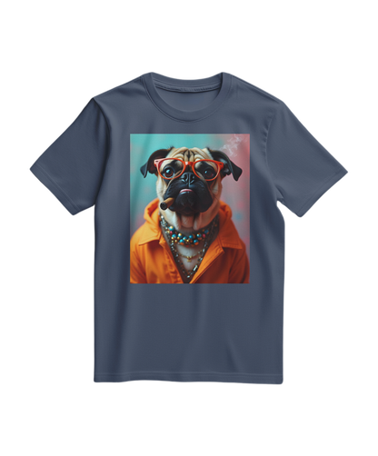 Camiseta laranja Pug Rebel da Camalestore, com estampa de pug e detalhes coloridos, vista em fundo branco