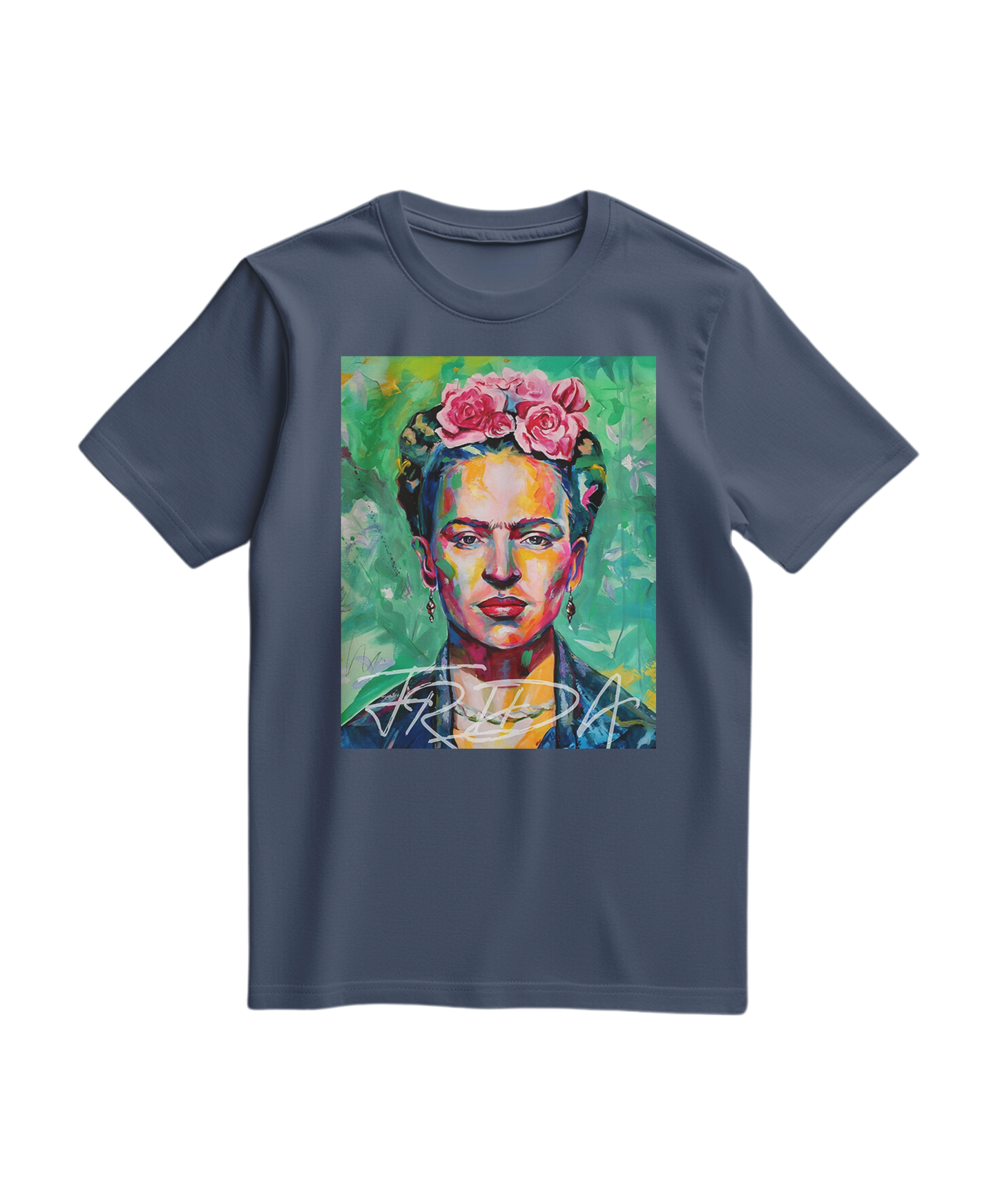 Camalestore T-shirt Kahlo Chromatic azul profundo, confortável, com estampa artística de Frida Kahlo na frente.
