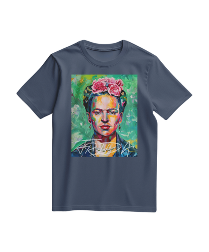 Camalestore T-shirt Kahlo Chromatic azul profundo, confortável, com estampa artística de Frida Kahlo na frente.