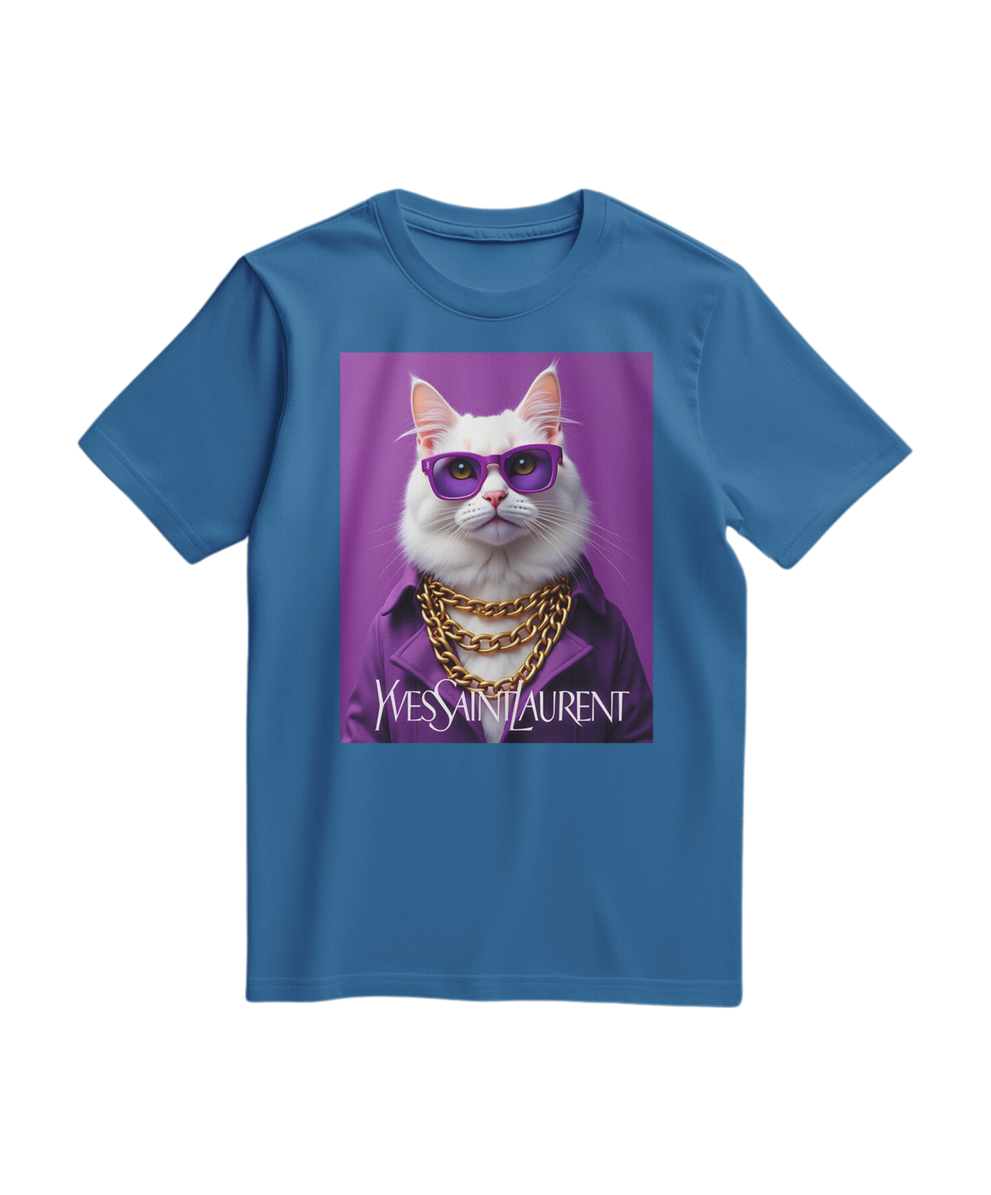 T-shirt Camalestore Glamour Cat de cor azul royal com design de gato, colocada de lado sobre fundo branco