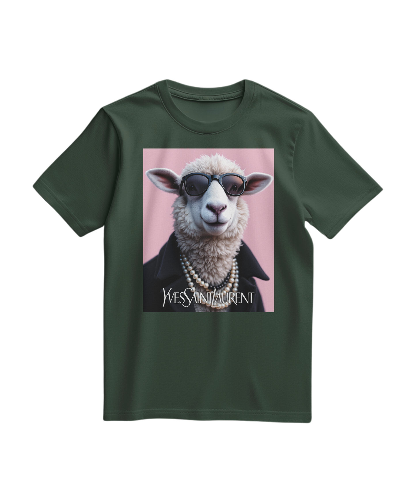 Camiseta verde florestal da Camalestore com ícone de ovelha de pérola, modelo casual de manga curta e estampa frontal.