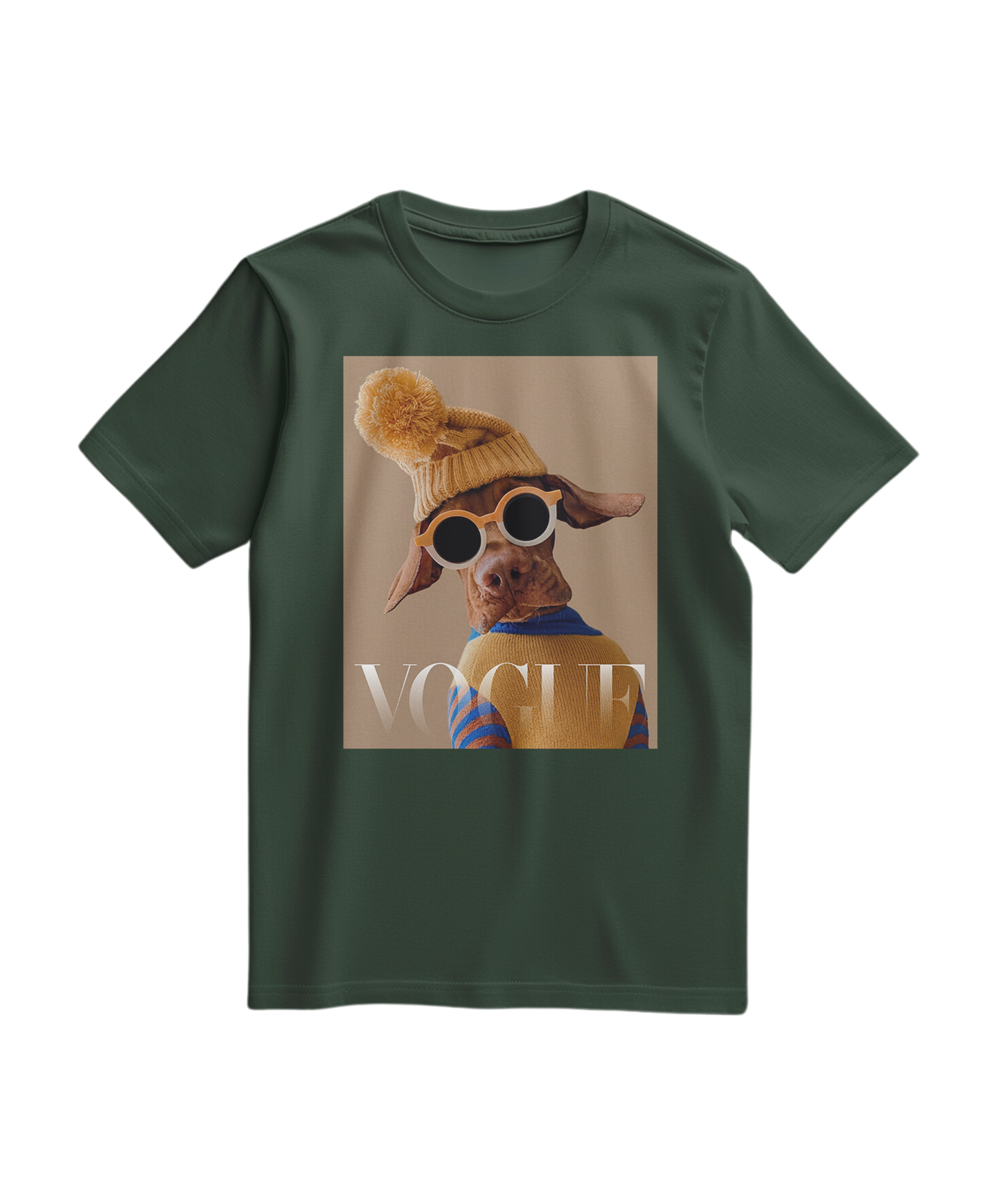 Camiseta Crimson Aviator da Camalestore, T-shirt verde floresta com design de aviador, vista frontal sobre fundo branco