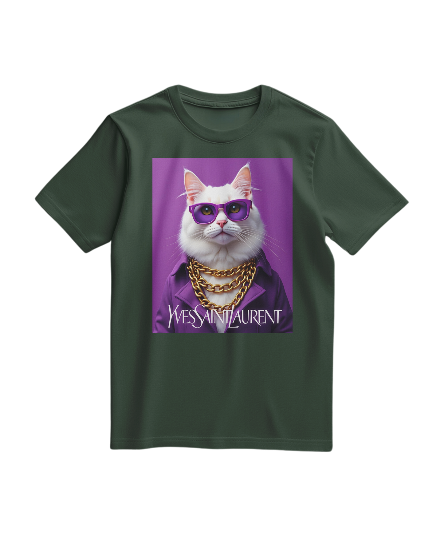Camiseta Feline Drip da Camalestore em verde floresta, com estampa moderna de gato e detalhes artísticos.