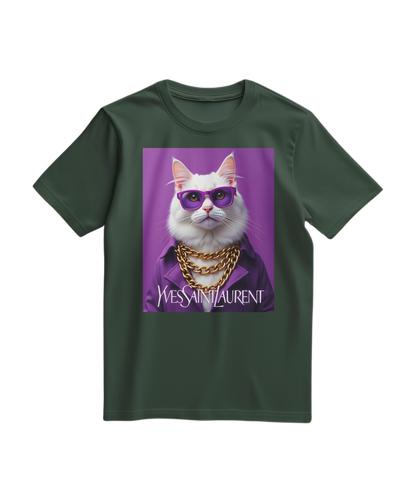 Camiseta Feline Drip da Camalestore em verde floresta, com estampa moderna de gato e detalhes artísticos.