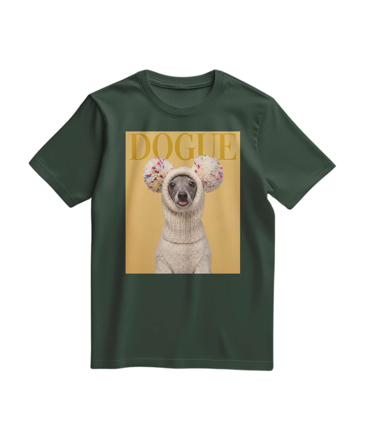 Camiseta Camalestore Dogue Balaclava em verde floresta, confortável, com estampa de cão, vista frontal na imagem.