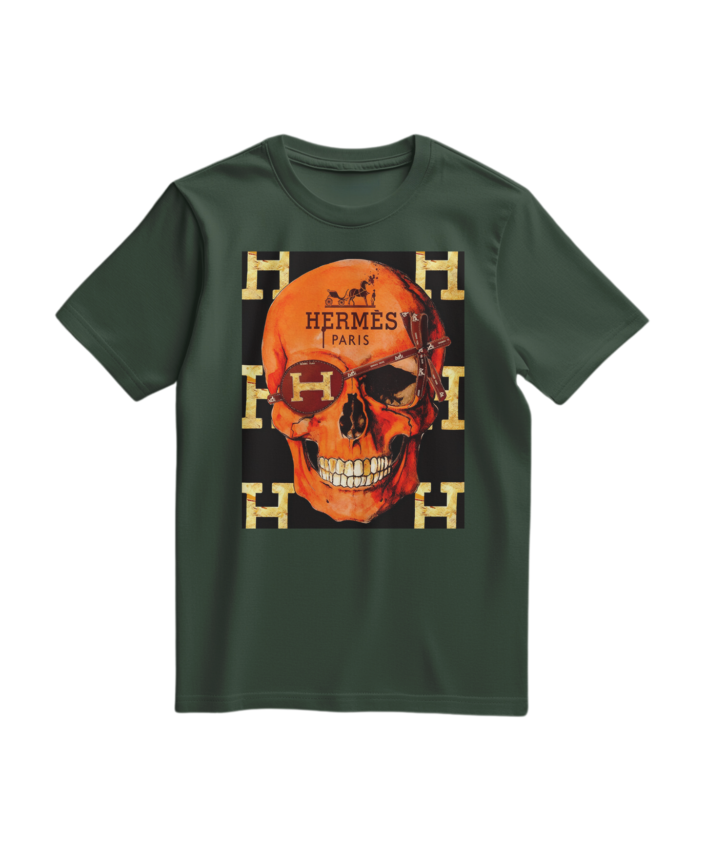 Camiseta verde florestal Camalestore com estampa de caveira icônica, confortável e moderna para looks casuais.