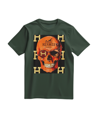 Camiseta verde florestal Camalestore com estampa de caveira icônica, confortável e moderna para looks casuais.