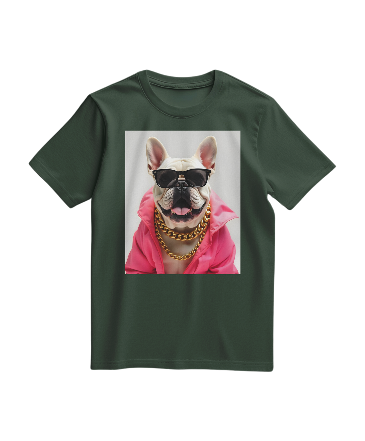 Camiseta Bulldog Azure Pop da Camalestore, camiseta de algodão verde com estampa de cão bulldog em cores vibrantes.